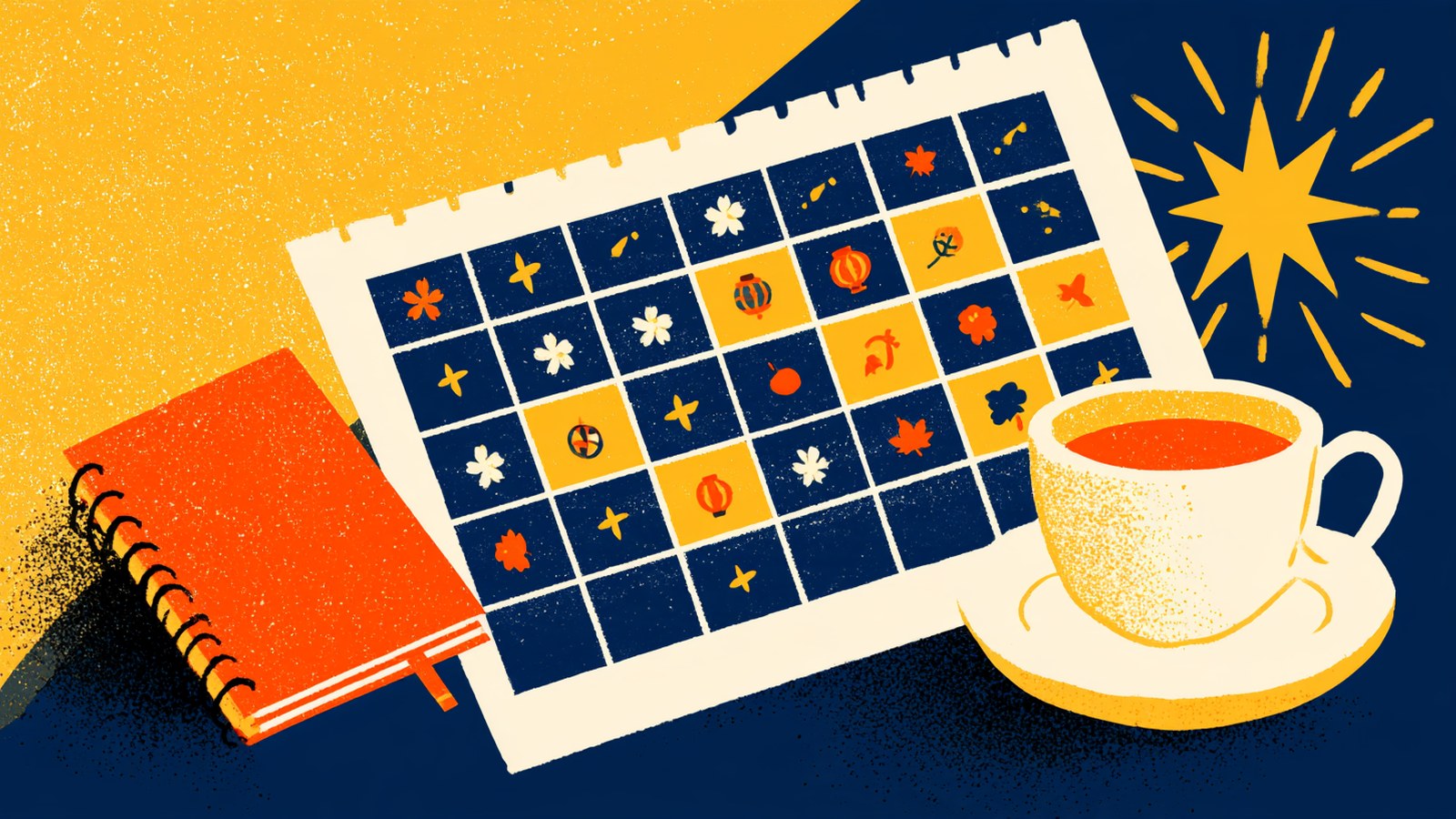 Illustration : un calendrier aux motifs de saison, un carnet et une tasse de thé.